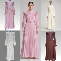 Robe longue plissée rose pâle pour femme, col mandarin, manches évasées, brodée, tenue modeste pour l'Aïd, vente en gros, nouveauté boutique
