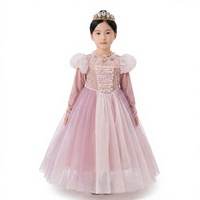 Robe longue de princesse rose pour enfants avec manches longues et tissu transparent, robe de soirée, robe de fête d'anniversaire, ensemble de robes pour filles