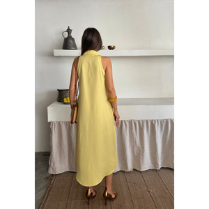 Vestido Camisero Amarillo de Lino sin Mangas con Mangas Abullonadas, Cuello con Botones Delanteros, Cintura Elástica, Ajuste Holgado, Estilo Dulce para el Día de Primavera - Product Image 1