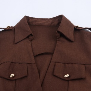 Vestido Maxi de Manga Larga Estilo Vintage, Tejido Natural Color Marrón, para Mujer, Cuello en V, Botones, Lazos, Servicio OEM - Product Image 3