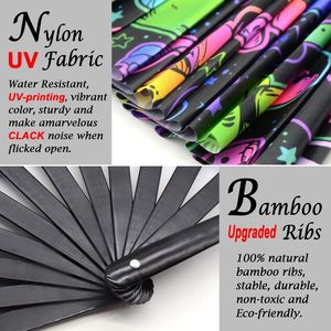 Precio de fábrica personalizado nuevo diseño de impresión de gran tamaño 33cm UV Light Up Festivals Neon UV Reactive Party Bamboo Kung Fu Fan - Product Image 3