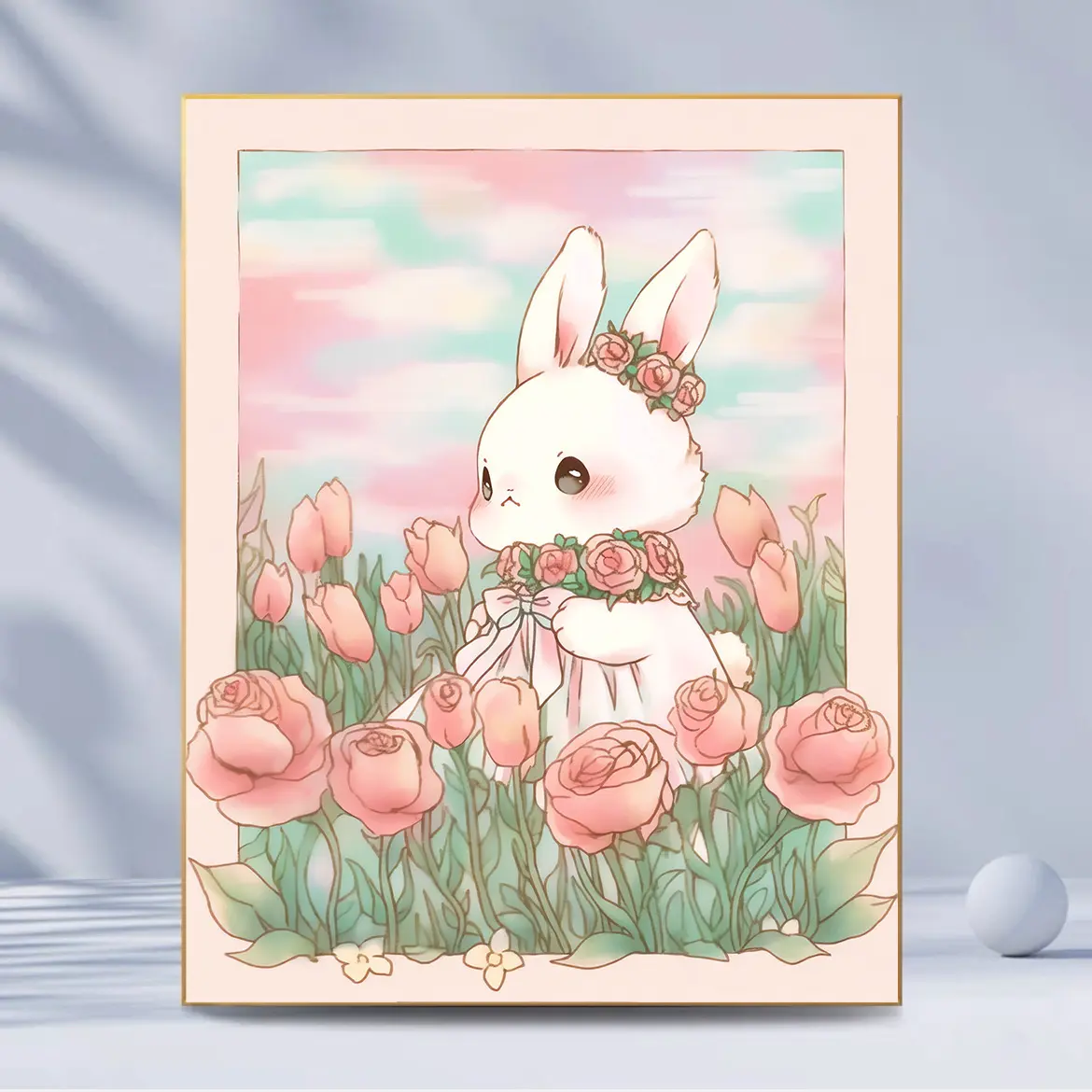 Factory Wholesale Cartoon Rabbit And Rose 40x50 Digital Oil Painting With Inner Frame Your Idea Can Be Customized