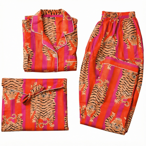Ensemble de pyjama pour femmes à imprimé tigre, manches longues, longueur intégrale, vêtements de nuit doux en tissu, décontracté, été, taille élastique, col rabattu - Product Image 1