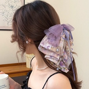 Personnalisation : Pinces à cheveux à pince longues avec nœud en ruban, en mousseline florale, style doux et féerique, et chouchous en tissu pour queue de cheval - Product Image 3