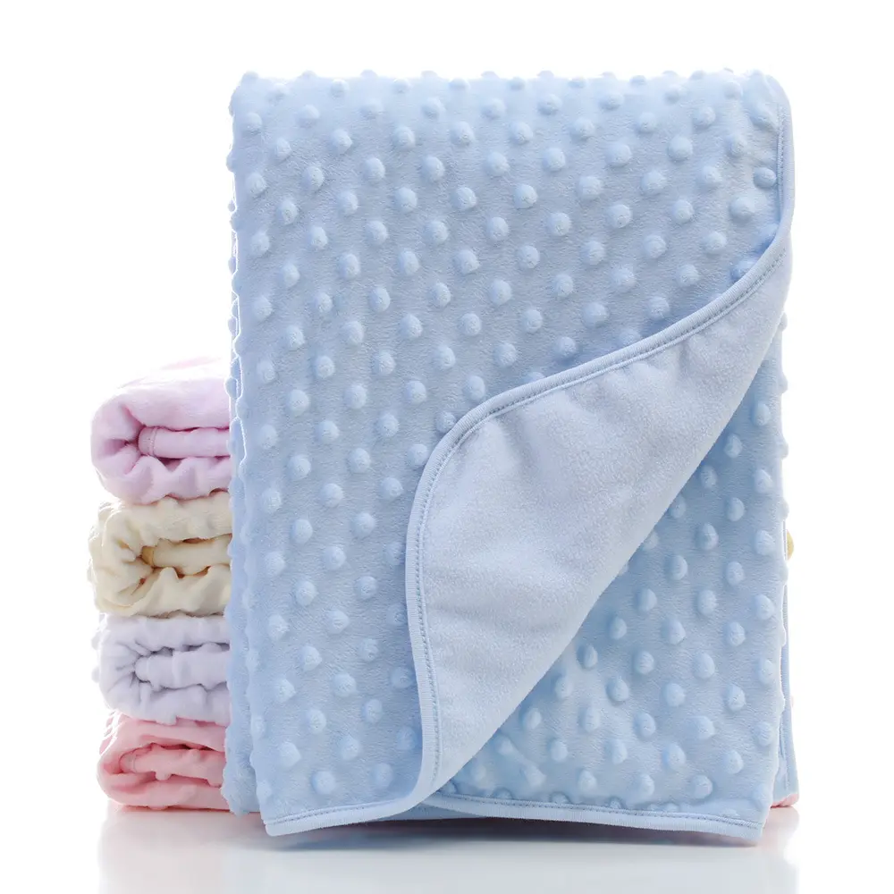 Custom Hermon 100% Polyester White Solid Colour Minky Comfort Fleece Warm Baby Brush Dot Blanket Set With Satin Trim