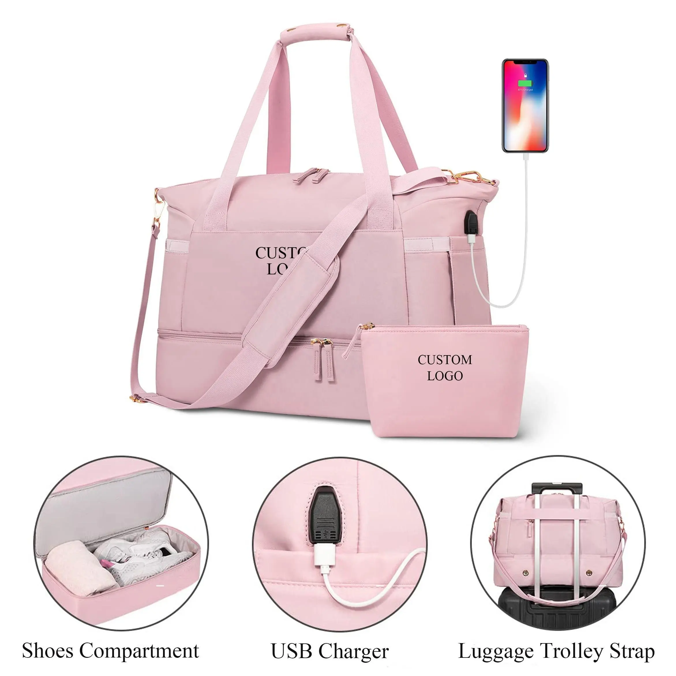 Benutzer definiertes Logo Sports Travel Gym Fitness Reisetasche für Frauen mit USB-Ladeans chluss Nass trocken und Schuh fach