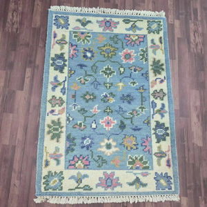 พรมขนสัตว์ทำด้วยมือสีฟ้าอ่อนดีไซน์แบบถักด้วยมือ oushak ถักด้วยมือปรับขนาดได้การออกกำลังกายที่บ้านใหม่ขนาด5x8 6x9 - Product Image 1