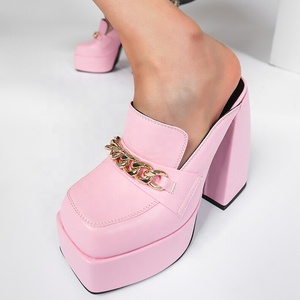 Sandalias de Tacón Alto con Punta Cuadrada, Cómodas y Sensuales, con Cadena Dorada, Parte Superior de Cuero Vacuno, Estilo Slip-on, Plataforma para Mujer, Verano-Otoño - Product Image 1