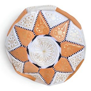 Handmade Genuine Leather Ottoman Stool Orange White Patchwork Footstool Gold Embroidered Antique Eclectic Design Living Room - Product Image 1