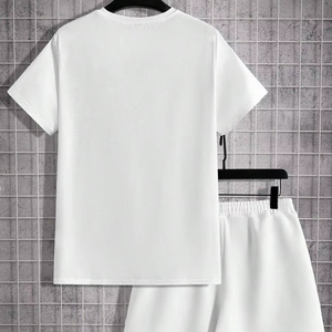 Conjunto de Camiseta y Pantalones Cortos de Algodón Blanco, Cuello Redondo, Manga Corta, Color Sólido, Unisex, Ropa de Verano - Product Image 1