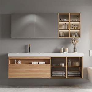 Wooden Wall Look Spc Bathroom Vanities with Cabinet Pvc Timber Cabinet Quartz Floating c Oak <b>White</b> Vanity Bathroom - Product Image 6