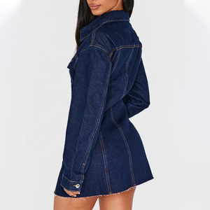 Vestido camisero vaquero de mujer personalizado, lavado oscuro, con botones, manga larga, corte mini en A, venta al por mayor - Product Image 2