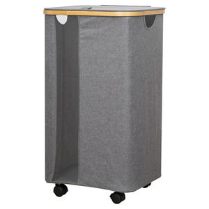 Foldable <b>Laundry</b> Hamper Grey Rectangle <b>Standing</b> Type For Clothing Storage With Mesh Panel And Wheels - Product Image 5