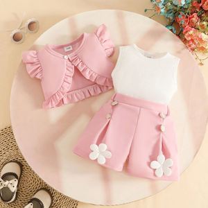 Ensemble d'été mignon et tendance pour <span class=keywords><strong>fille</strong></span> de 0 à 3 <span class=keywords><strong>ans</strong></span> : Manteau court sans manches à volants couleur unie + <span class=keywords><strong>Gilet</strong></span> + Short fleuri, Taille 3T personnalisée - Product Image 5