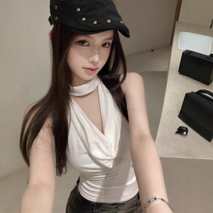 Khaki Halter Neck Camisole <b>Top</b> for Women Character Print Silk Cotton Breathable <b>Backless</b> Sleeveless England Style Bow Collar - Product Image 2