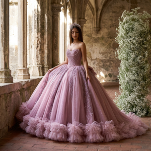 Rsm261029 Magnifique Robe de Bal Quinceañera en Chiffon Rose, Décolleté Cœur, Sans Manches, Dos Lacé, Nœud Pailleté, pour Soirée - Product Image 1