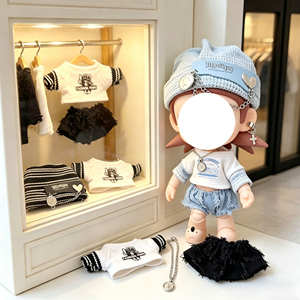 Conjunto de Ropa para Muñeca de 20 cm, Sombrero con Cadena Azul + Camiseta Azul y Blanca con Diseño de Dibujos Animados, Versión Q, Conjunto Negro - Product Image 6