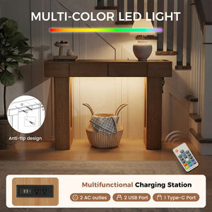 Console rustique en bois massif style ferme avec lumières LED, station de charge et 3 tiroirs, plateau épaissi, meuble pour chambre et salon - Product Image 2