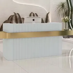MORE DESIGN Free Logo Small Paint Metal Gold-plated Beauty Salon Bar Front Marble Counter Office Reception Desk