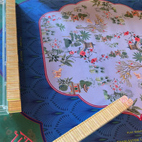 Tapis de Mahjong Style Américain 31,5x31,5 Pouces en Tissu Technique Bleu-Vert avec Règles Imprimées, Jokers, Dragons et Motifs de Jardin Chinois