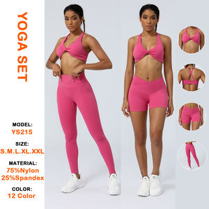 طقم رياضي مثير للفتيات يتكون من حمالة صدر رياضية بأشرطة متقاطعة وبنطلون عالي الخصر لرفع المؤخرة مع شورت ضيق بخصر متقاطع لليوغا - Product Image 2