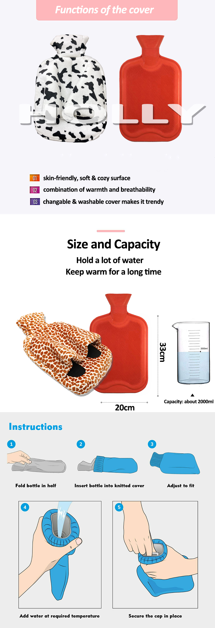 foot warmer multifunctional silicone rubber fomentation bag hot water bottle with soft fleece cover