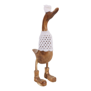 Statuetta di anatra in legno di teak con cappello lavorato a maglia e stivali per decorazioni domestiche - Product Image 2