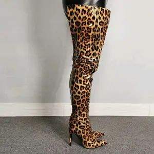 Tasarım ayakkabı leopar baskı diz üzerinde çizmeler geniş uyluk yüksek stiletto topuk seksi gece kulübü custom made çizmeler uzun çizmeler