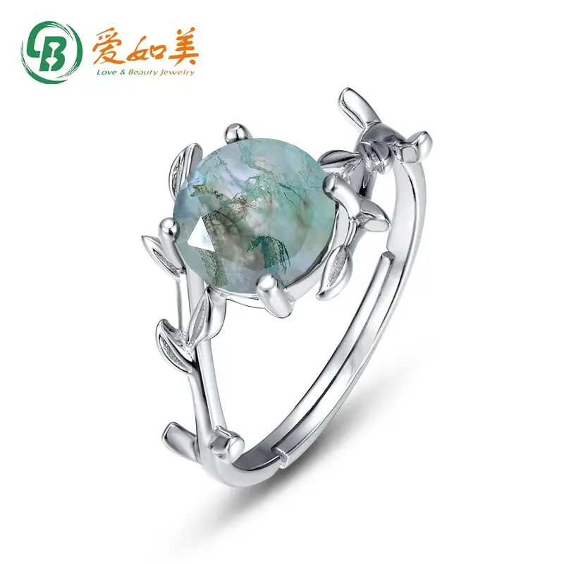 Classic Design Rhodium Plated Leaf branch Ring Round Natural Moss Agate Quartz Engagement Solitaire Ring Jewelry