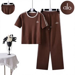 A-L-O Yoga Women's Bow Collar Short-Sleeve <strong>Viscose</strong>/Polyester Knitted <strong>Top</strong> &amp; Above Knee Wide-Leg Pants Two-Piece Set - Product Image 1