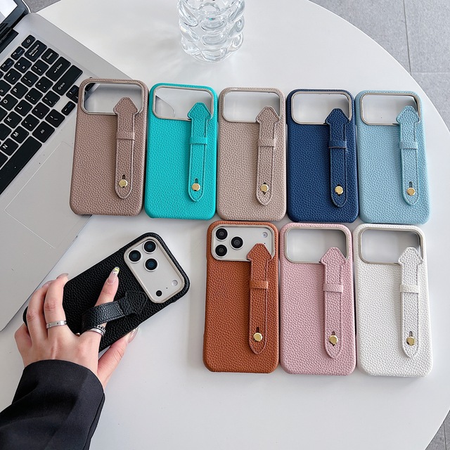 OEM Luxury Lychee-Textured Leather Wrist Strap Card Holder Phone Case Shockproof for 17 16 Pro Max Stand Heat Dissipation