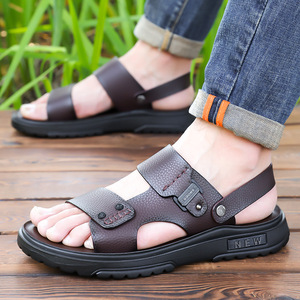 Sandalias de Cuero Vacuno de Primera Capa para Hombre con Correa en T, Punta Abierta, Suela de Goma Antideslizante, Zapatos Casuales de Verano - Product Image 3