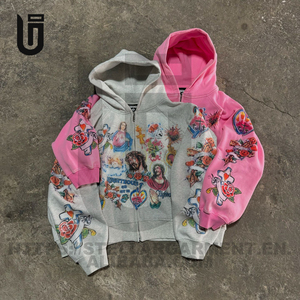 Felpa tascabile senza corde personalizzata spugna grafica Dtg serigrafia pesante 400gsm con cappuccio da uomo - Product Image 1