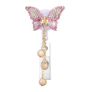 Porte-badge rétractable papillon en cristal avec chaîne de perles et design décoratif - Product Image 3