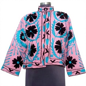 Women's Winter/Spring Knitted Bomber <b>Jacket</b> with Indian Suzani Embroidery Floral <b>Pattern</b> Duck Fabric Cotton Filled Robe Gift Her - Product Image 1
