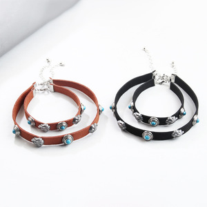 European American Retro <b>Choker</b> Brown Leather Flame Turquoise Stone Bohemian Style Party Necklace - Product Image 2