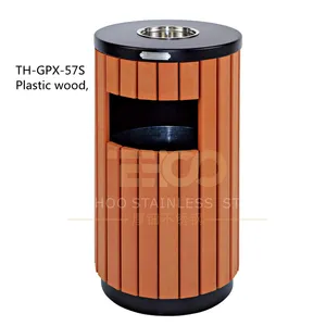 Outdoor WPC Trash Can, Wood Grain Waste Receptacles, lidded garbage can for outdoor