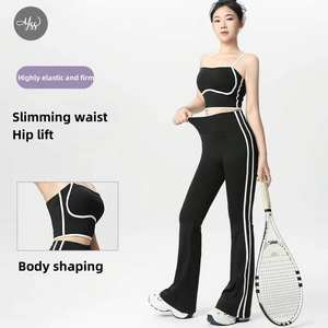 Ladies Workout <b>Dance</b> Wear One Shoulder Crop Top Fold Over Waist Flare <b>Pants</b> Pilates Yoga Wear Suit Gym Fitness Set - Product Image 1