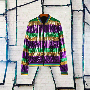 มาร์ดิกราส์ เสื้อแจ็คเก็ตบอมเบอร์ถักคอปกซิปประดับเลื่อมสามสีแขนยาวฤดูใบไม้ผลิฤดูใบไม้ร่วงฤดูหนาวปาร์ตี้คาร์นิวัล - Product Image 3