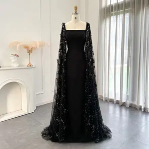 ASA-SS67 Vintage Square Neckline Heavy Beaded Long cape Sleeve Sequin Evening Gown