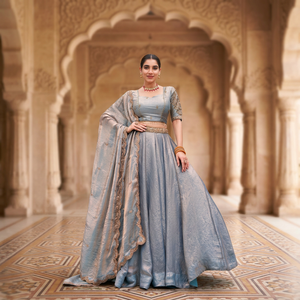 Lehenga Choli avec dentelle dorée, paillettes et broderie au fil, ceinture extensible réversible, pour fêtes, mariages, hiver, Diwali - Product Image 1