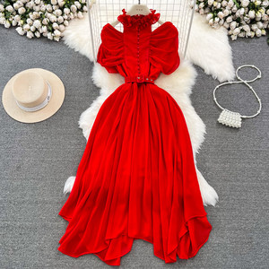 Abito da donna in Chiffon aderente aderente A righe da donna in vita plissettata elegante da donna - Product Image 4