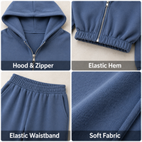 Conjunto de Dos Piezas de Marca Privada para Mujer: Sudadera Corta con Cremallera de Algodón y Felpa Azul Vaquero y Pantalones Deportivos de Pierna Ancha con Cordón