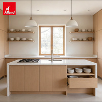 Armoires de cuisine en bois massif Alland, panneaux mats beiges chauds, doux et crémeux, style minimaliste, pour projets de rénovation d'appartements