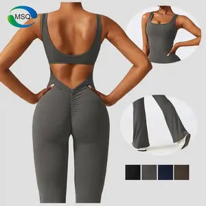 Gym Women Yoga Flared Jumpsuit 1 Piece Rompers Womens Jumpsuit Backless V Cut Scrunch Workout Yoga Bodysuit For Women