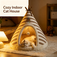 Nouveau Nid de Chat Mignon en Forme de Yourte Tricoté Épais et Chaud pour l'Automne et l'Hiver, Maison de Chat Ronde d'Intérieur en Tissu Rembourré de Coton pour Noël, Lit pour Animaux de Compagnie