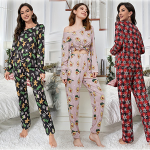 2024秋冬圣诞睡衣女家居服牛奶丝印花长袖长裤两件套 - Product Image 1