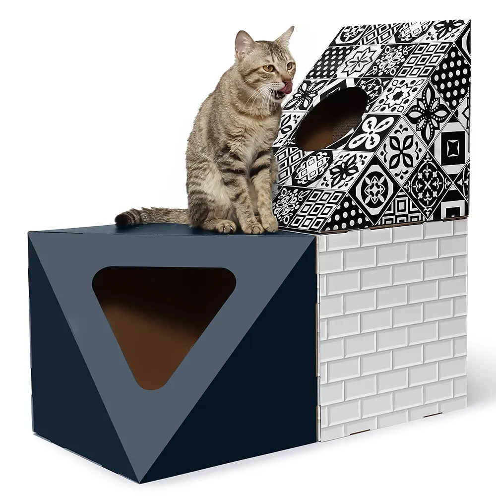 Logo kustom cetak penggaruk rumah kucing terowongan rumah kandang kertas rumah kucing dengan lubang kotak kardus