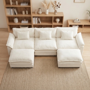 Sofá Seccional Modular Convertible en Cama, Cómodo, de Chenilla, con Estructura de PU, Respaldo Acolchado, Forma de U, Beige Blanco, para Sala de Estar, 3 Años de Garantía - Product Image 2
