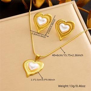 Heart-Shaped Pearl Jewelry <b>Set</b> Gold Tone Chunky Chain Necklace <b>Bracelet</b> Earrings Women's Everyday Wear - Product Image 4